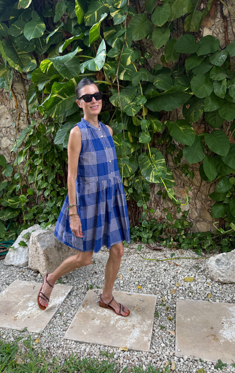 The Printed Short Sleeve Dress - Blue Grid main image 1