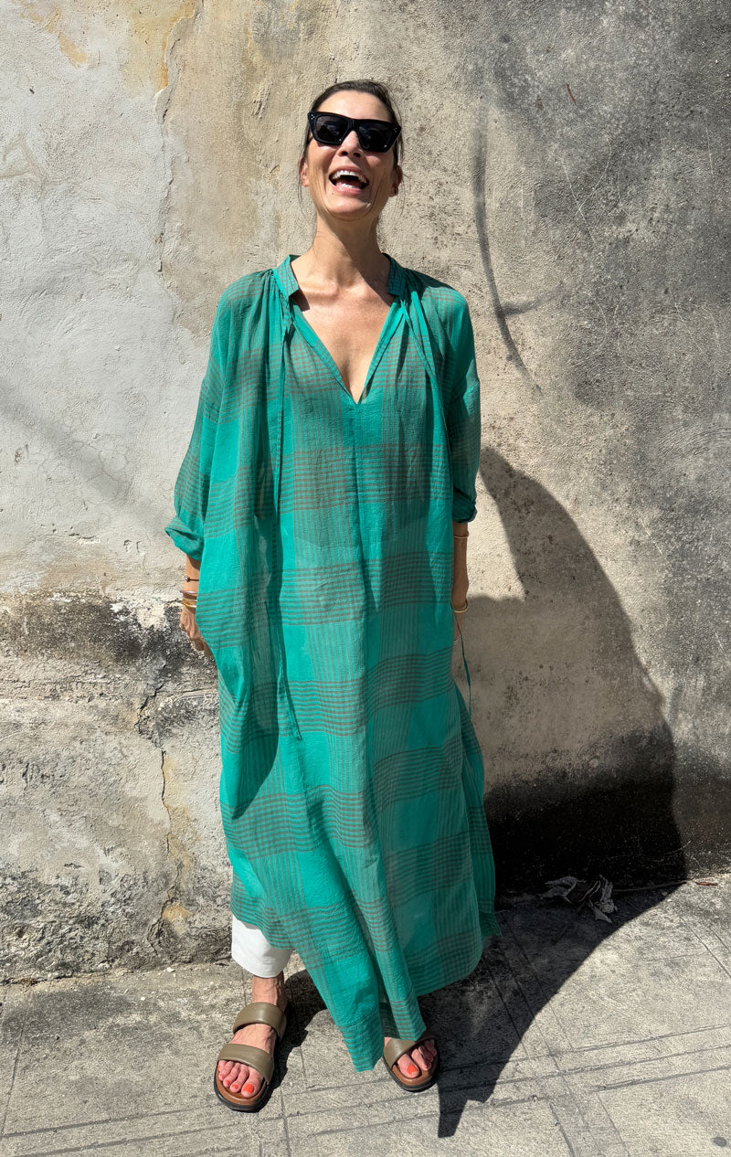 SAMPLE SALE -Long Sheer Caftan in Emerald Plaid – Two