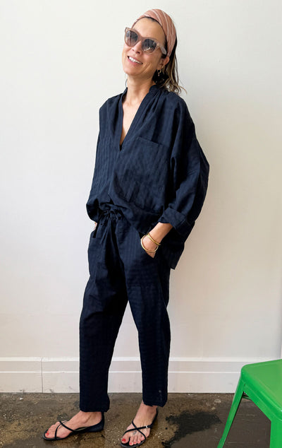 paperbag waist, drawstring pant in black cotton khadi grid fabric