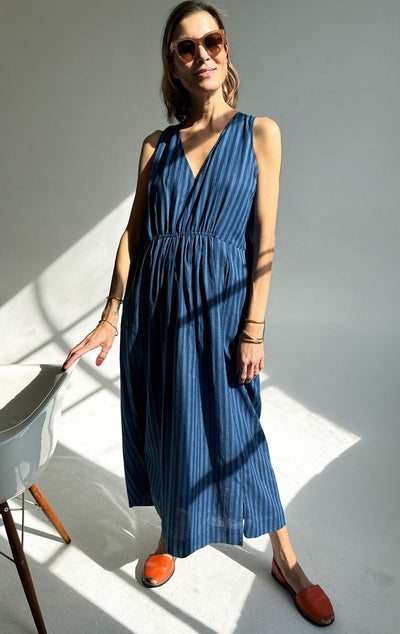 lightweight V neck, elastic rouched waist dress with pockets in indigo striped khadi cotton