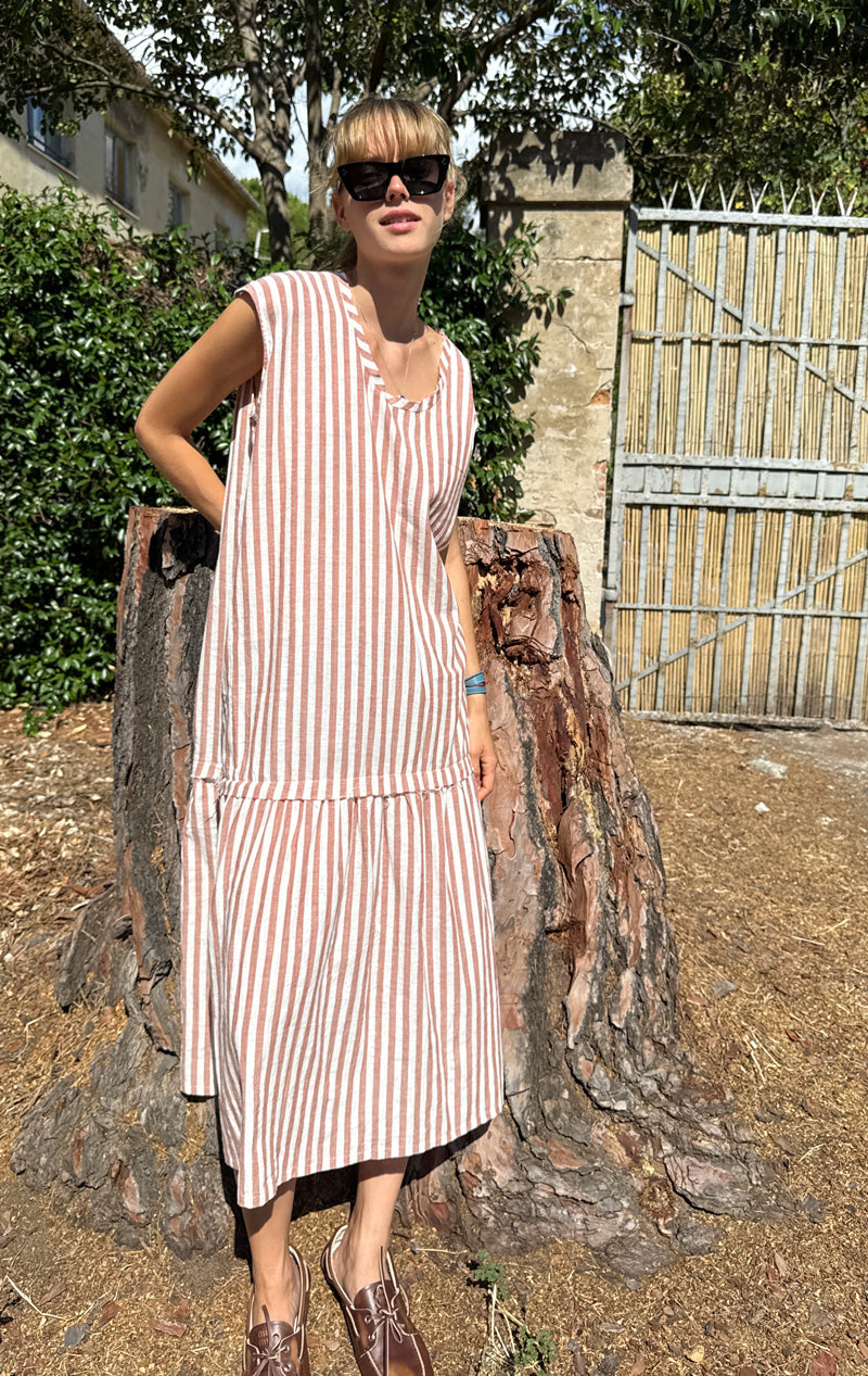 drop waist summer dress Terracotta stripe Stripe An easy summer silhouette holiday fashion Color classification:Rose Red KIRUNDO Boho Summer Mini