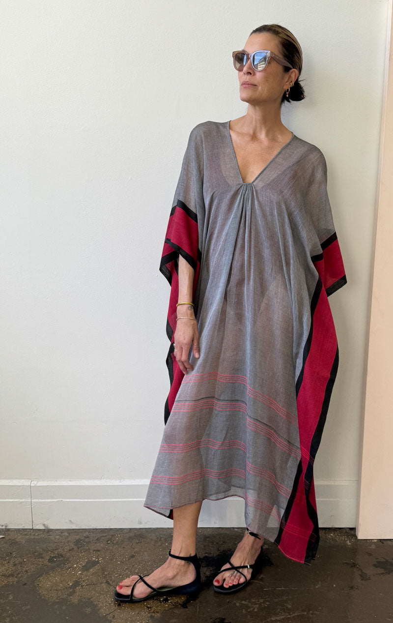 1970s Jean Varon Floral Printed Pale Blue Grey & Red Caftan w Red Piping & Long Tassel Details