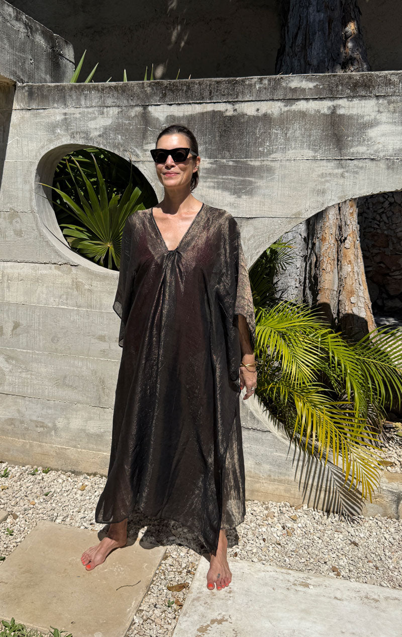 knee length dresses for ladies Black and gold metallic grid caftan – Two