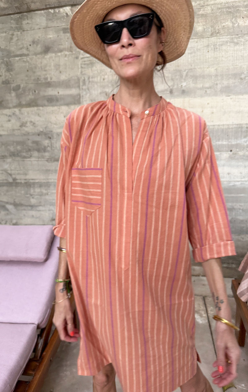 terracotta striped long sleeve button tunic-1 left – Two