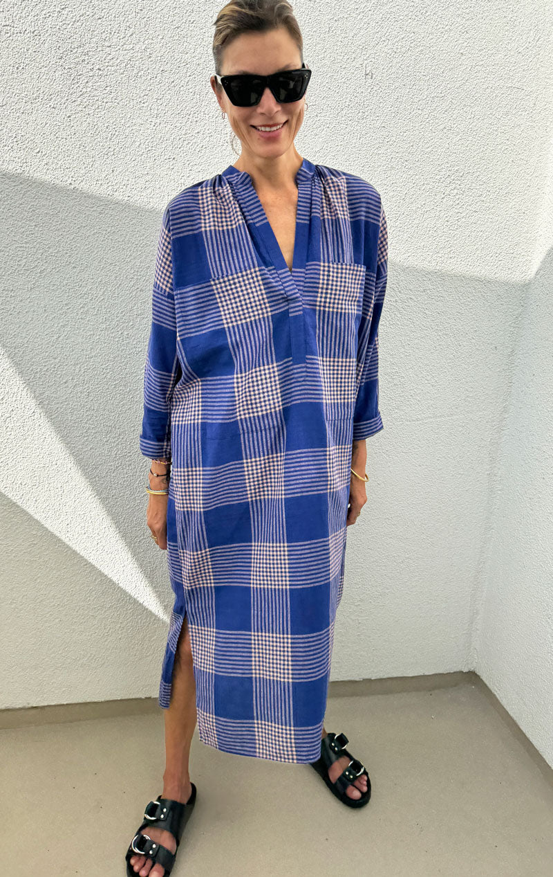 Blue and pink plaid caftan