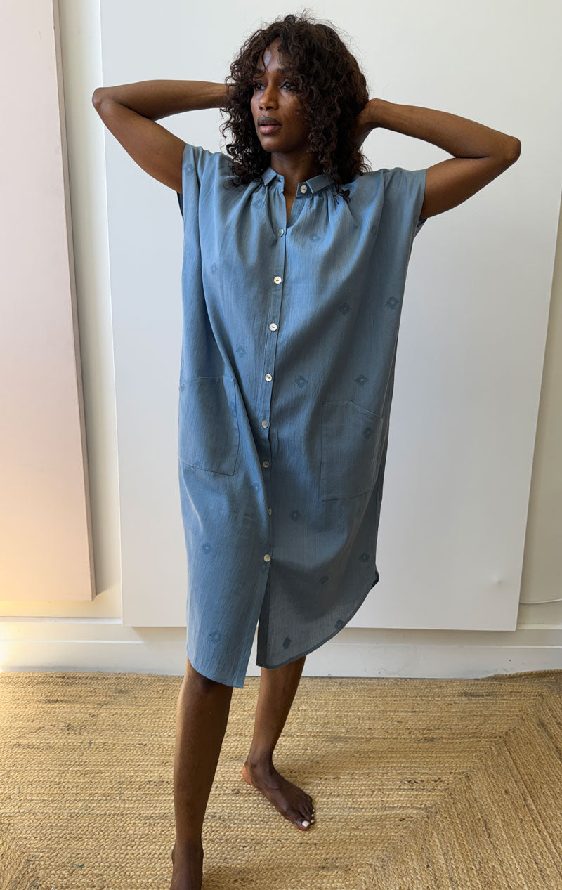 khadi dress for ladies SALE-Chambray button feminine classy dress