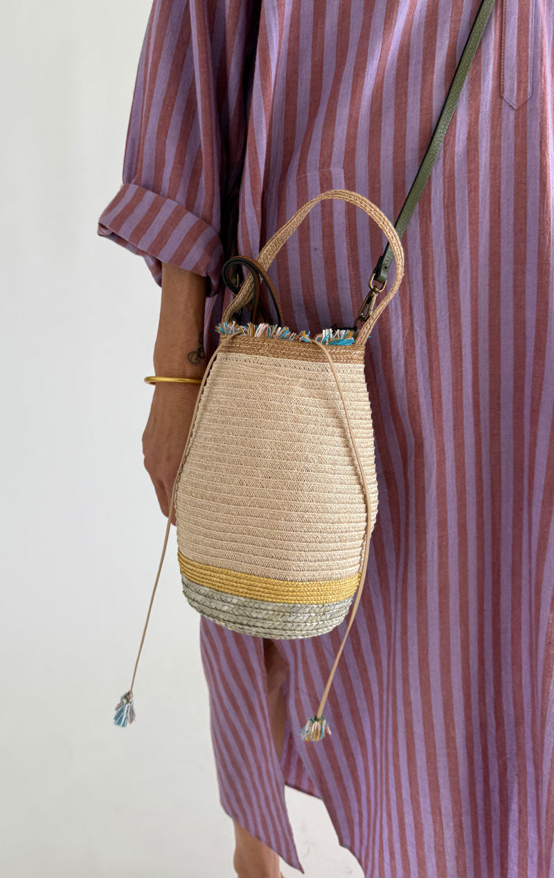 Beige Cross body Straw bag with leather strap