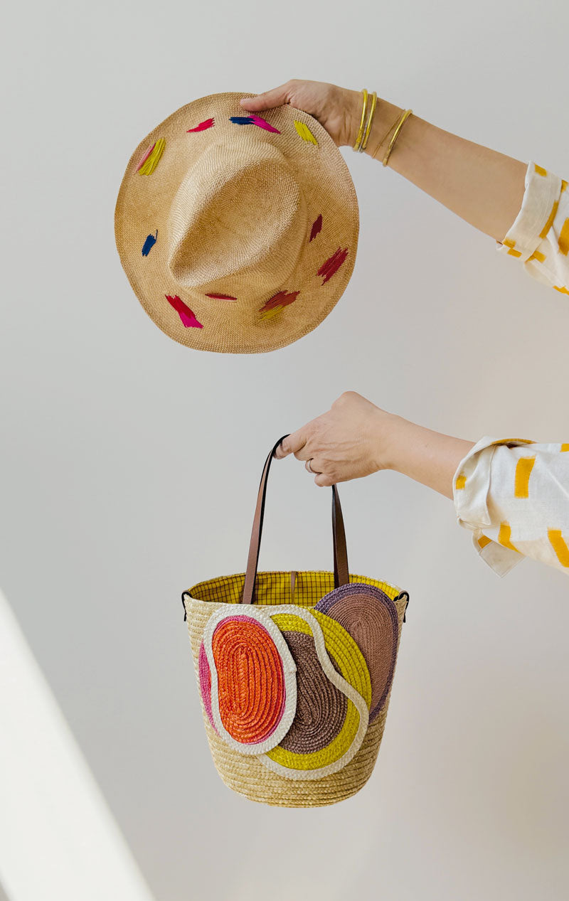 Natural hat with colorful stitching