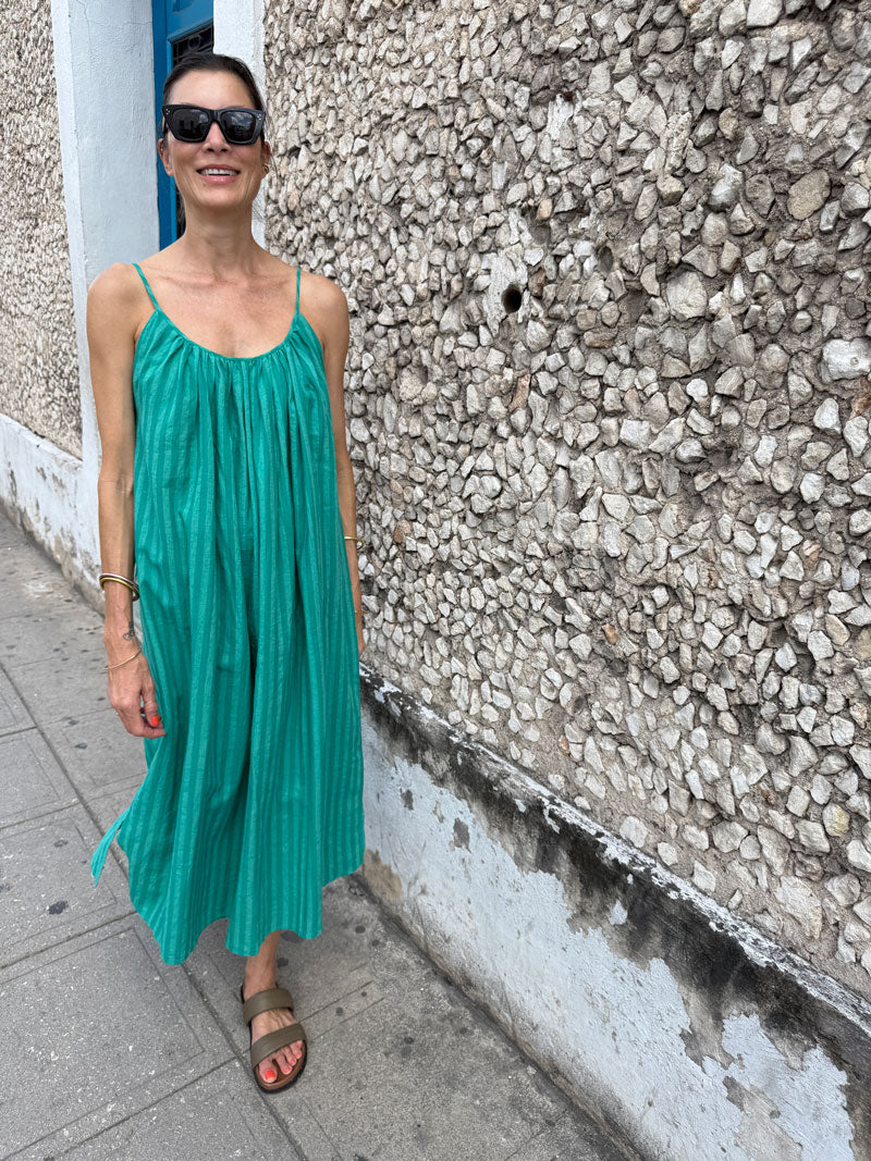 Shoulder tie dress in white and green stripe