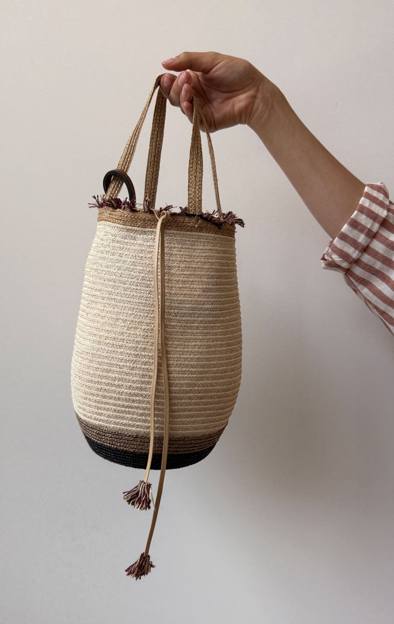 Beige Cross body Straw bag with leather strap