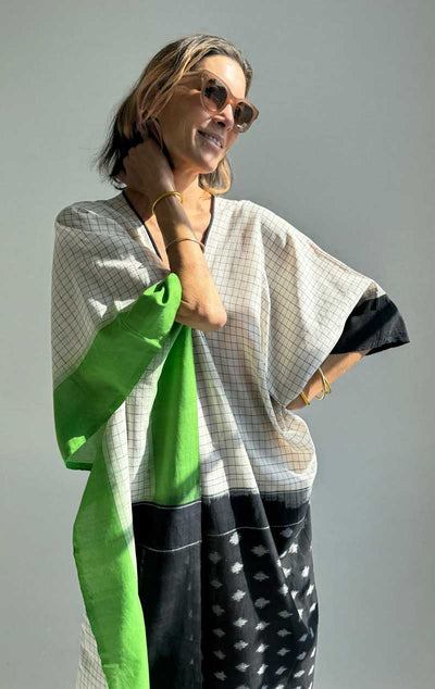 signature neck caftan in graphic ikat; color black, white, and green