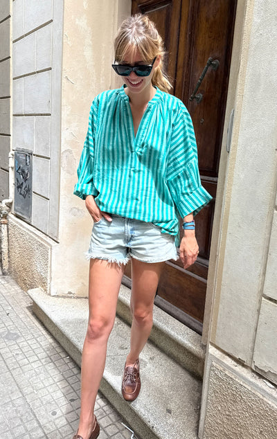 Green Stripe Shirred shirt
