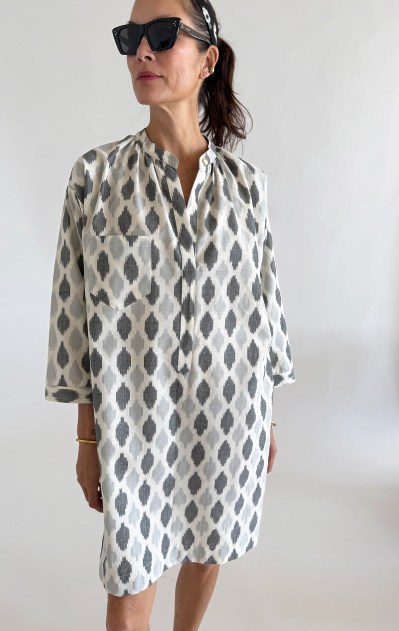 Cream/ Grey Ikat long sleeve button tunic