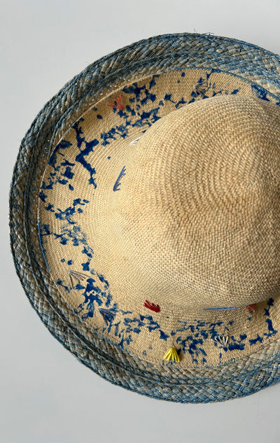 Straw Hat with dyed blue edging