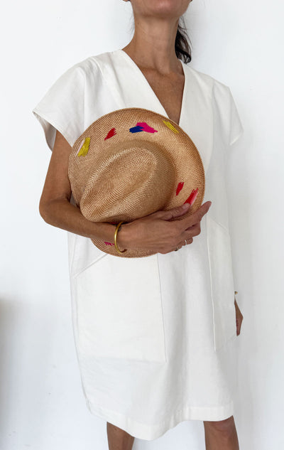 Natural hat with colorful stitching