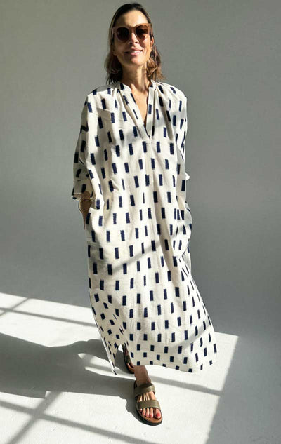 Ikat long caftan in white with navy rectangles