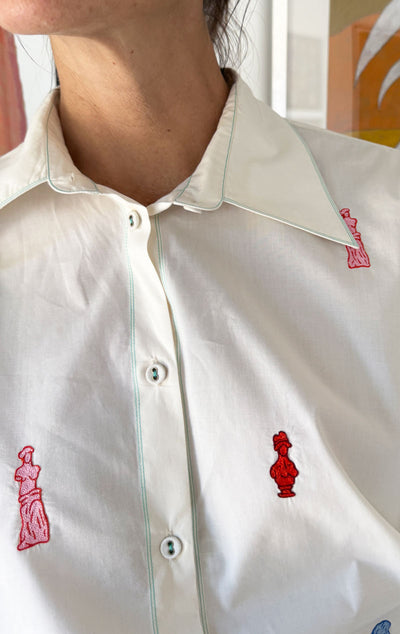 White Button Dress with greek art emblems