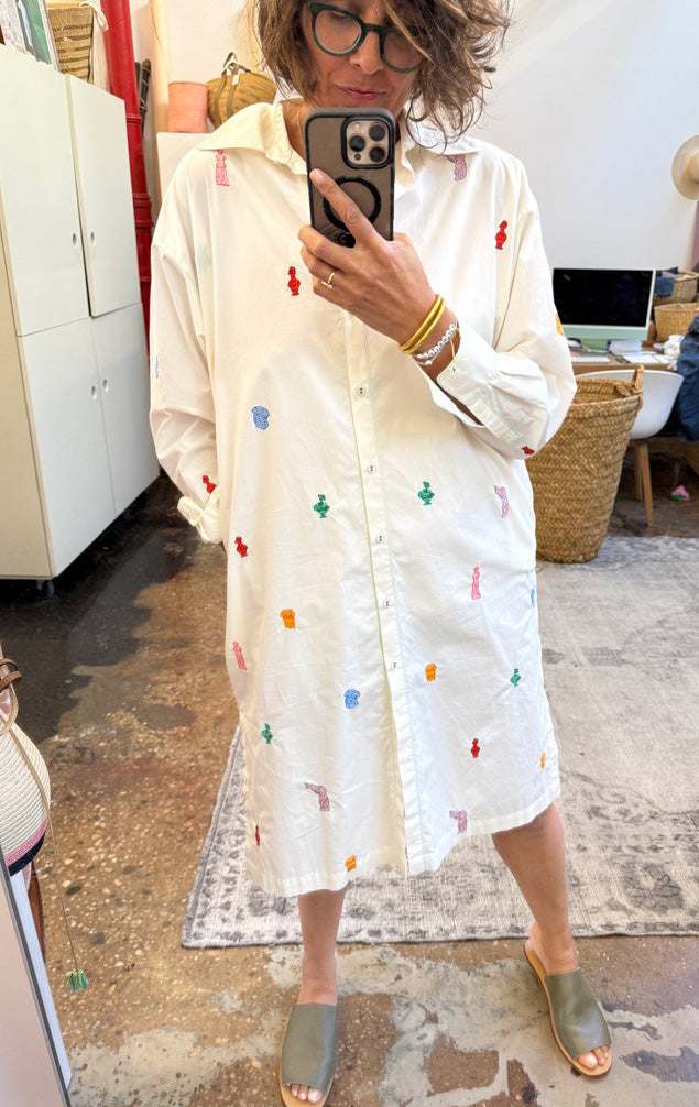 White Button Dress with greek art emblems