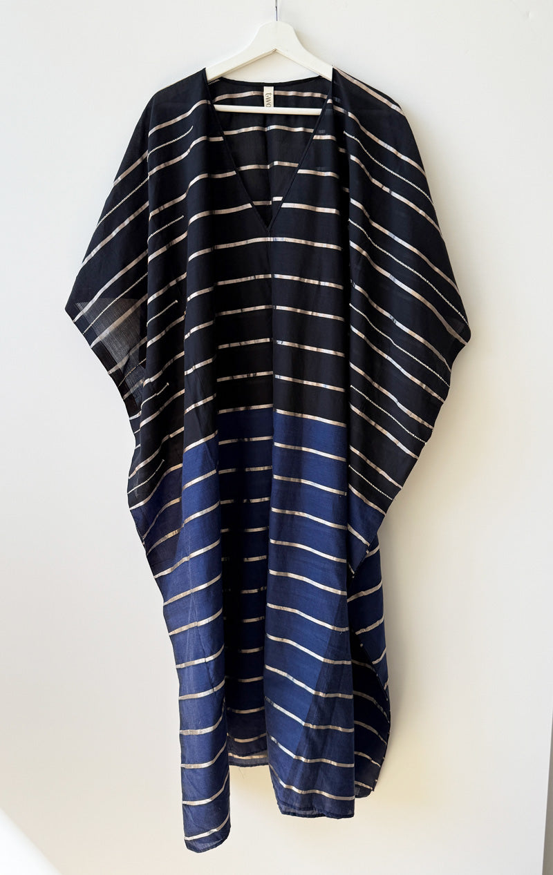 Navy and Black V neck caftan in Metallic stripe