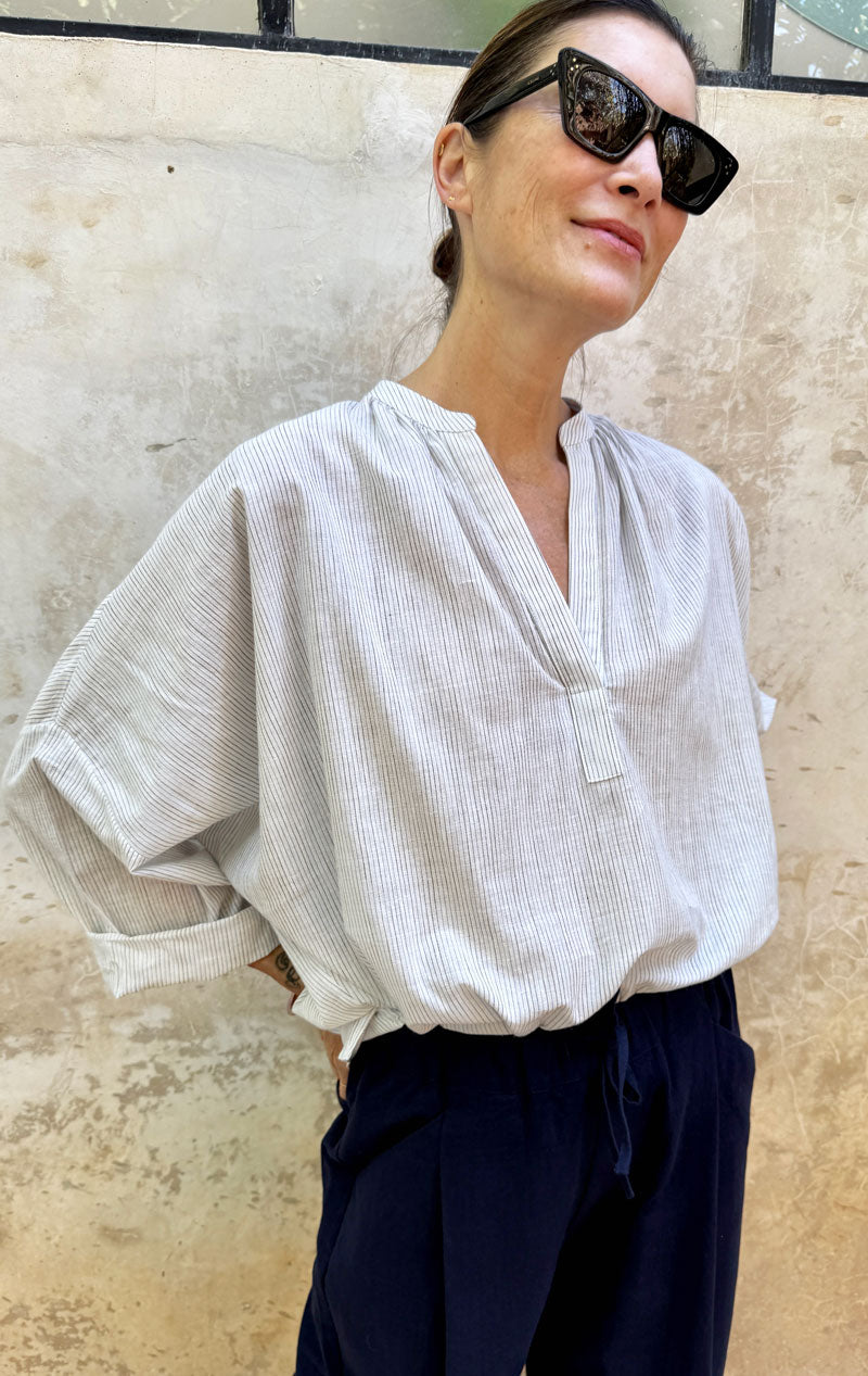Microstripe Rouched Shirt