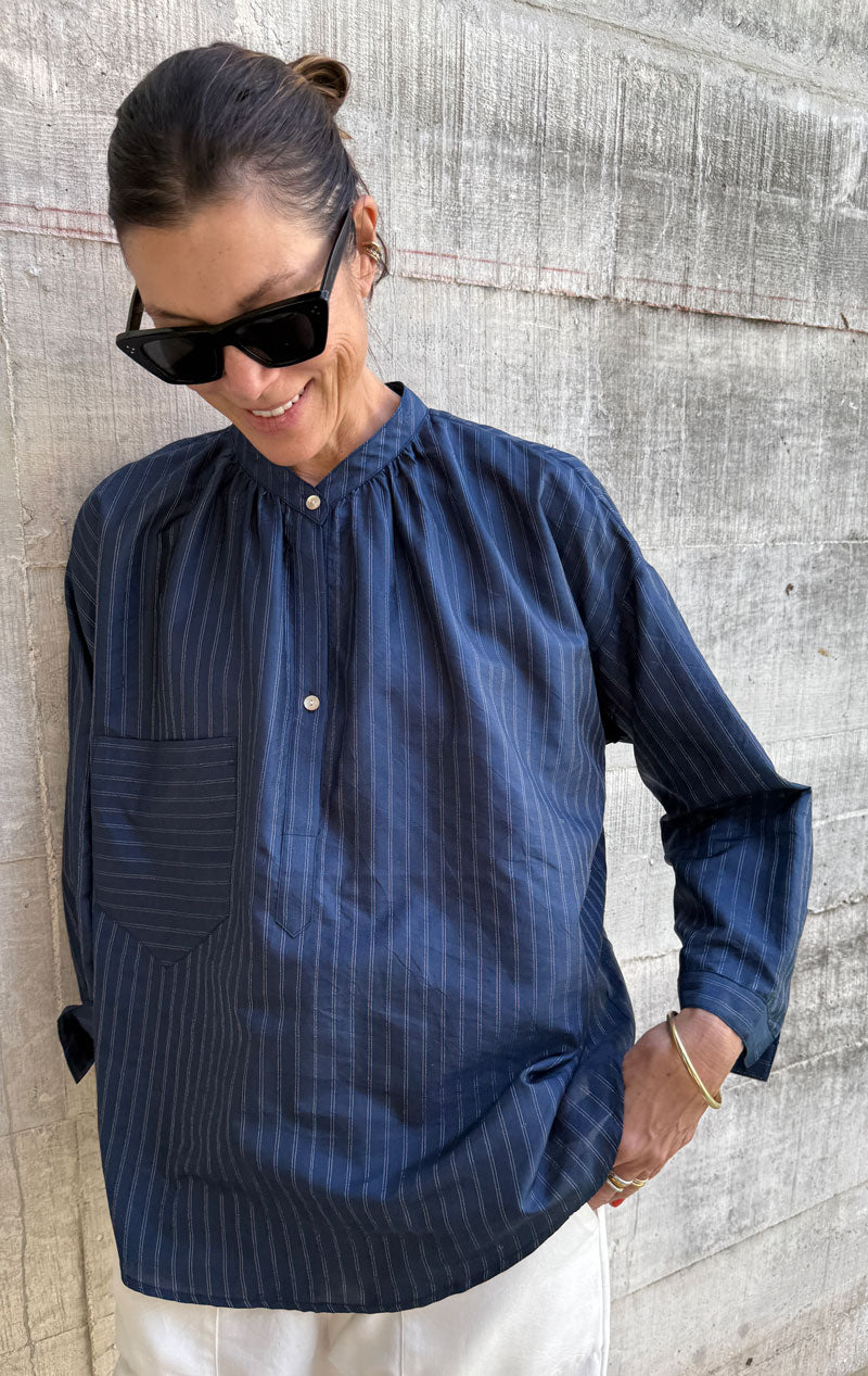 Tunic Shirt in Navy Silk Metallic Pinstripe