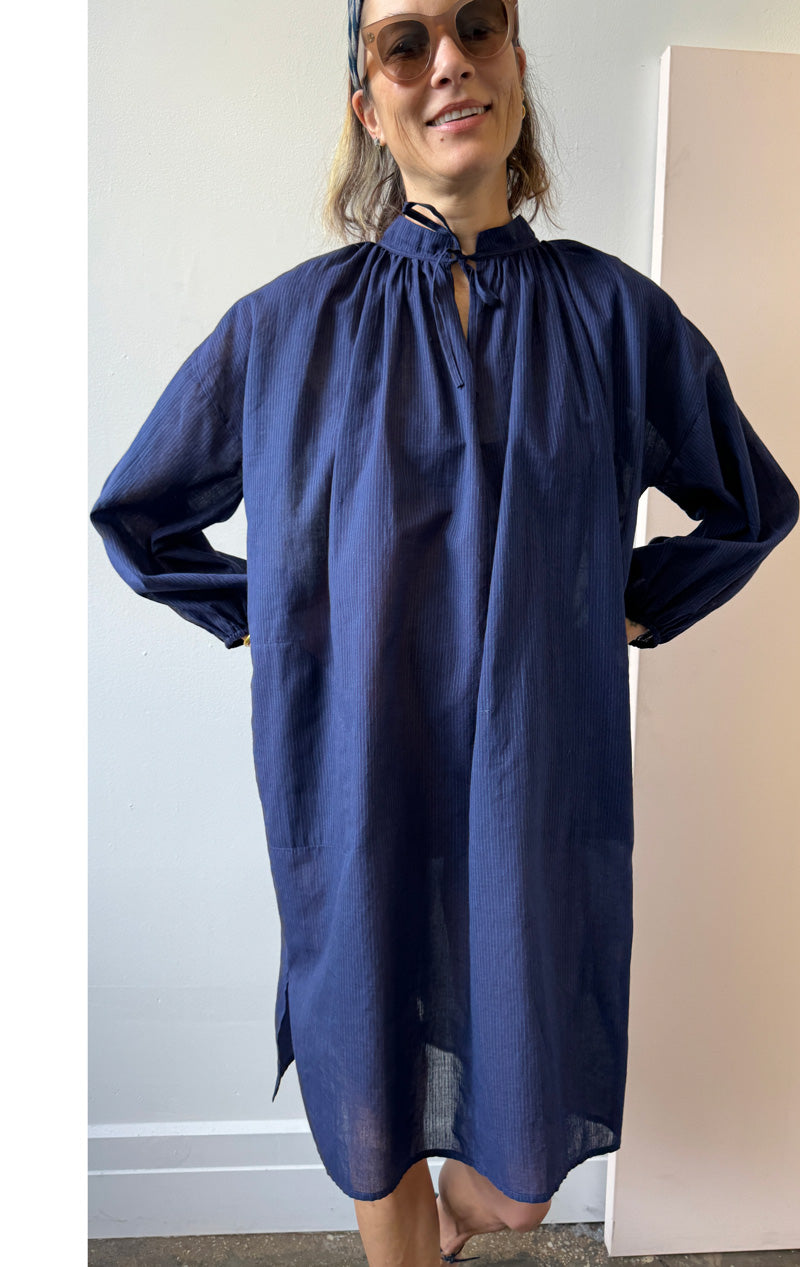 Tie Neck Dress in Navy Pinstripe- 1 left! – Two