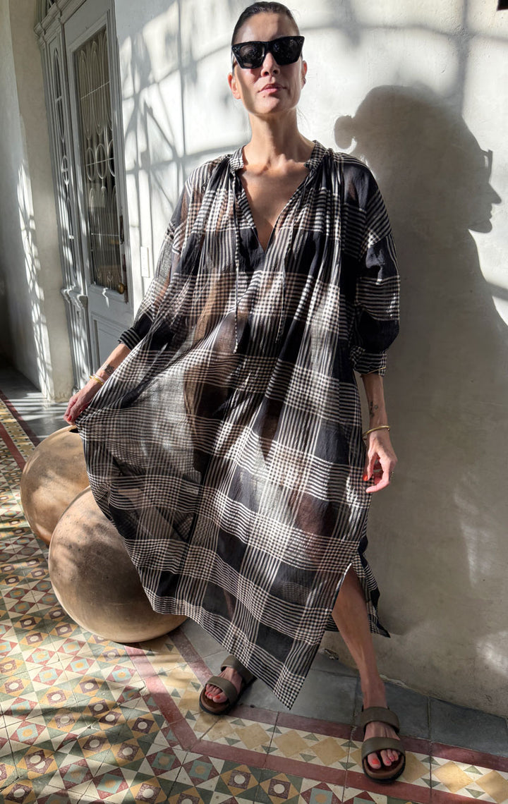 Long Sheer Caftan in Black/ Cream Plaid-sample