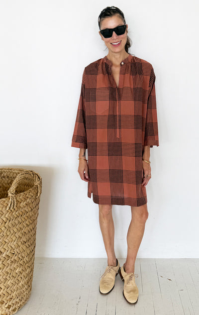 Terracotta Plaid long sleeve button tunic