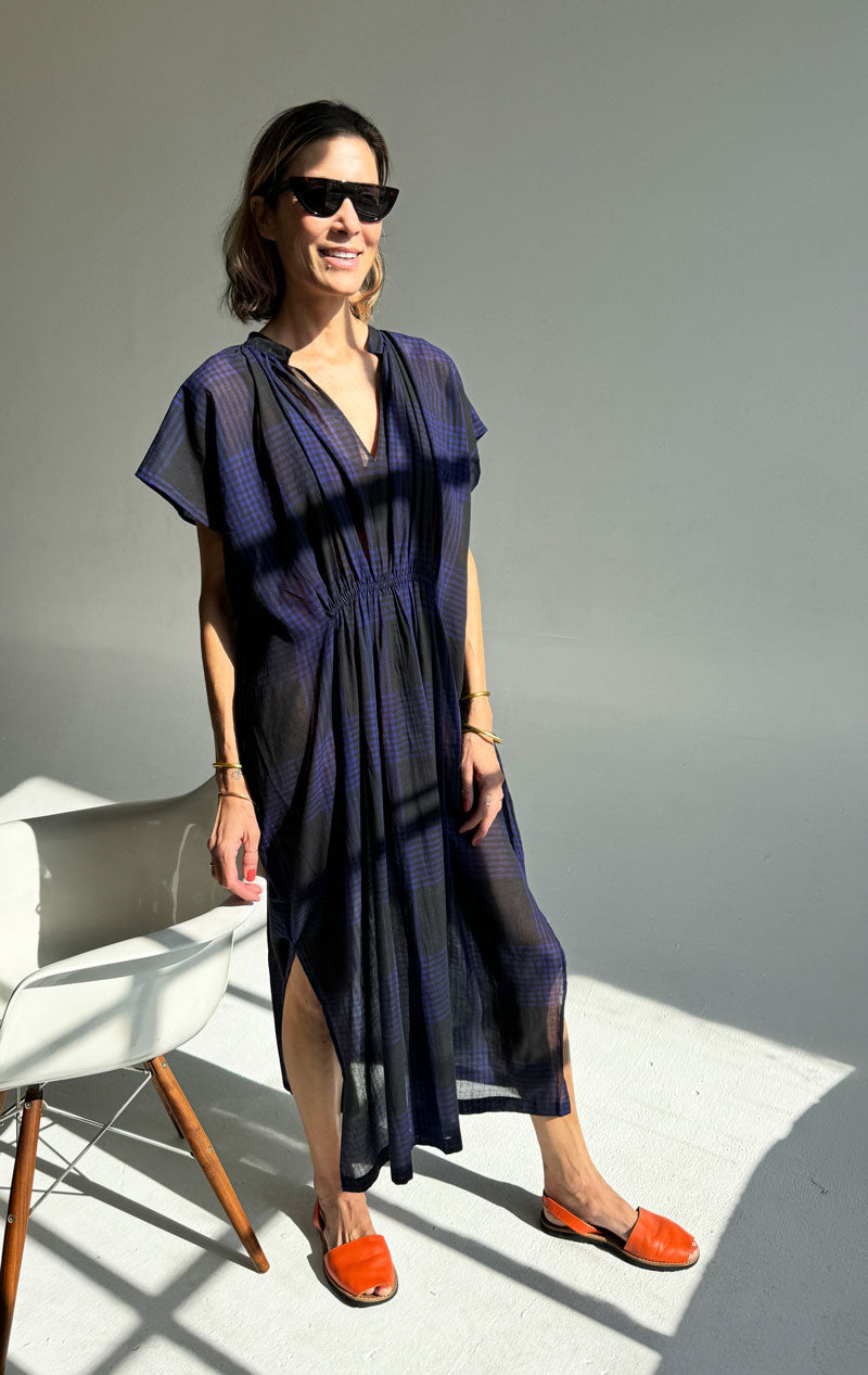 lightweight cotton, cap sleeve dress with elastic rouching at waist in black/ electric blue sheer plaid