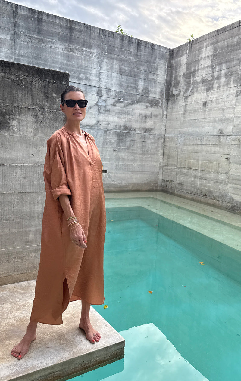 Copper Silk metallic pinstripe long caftan