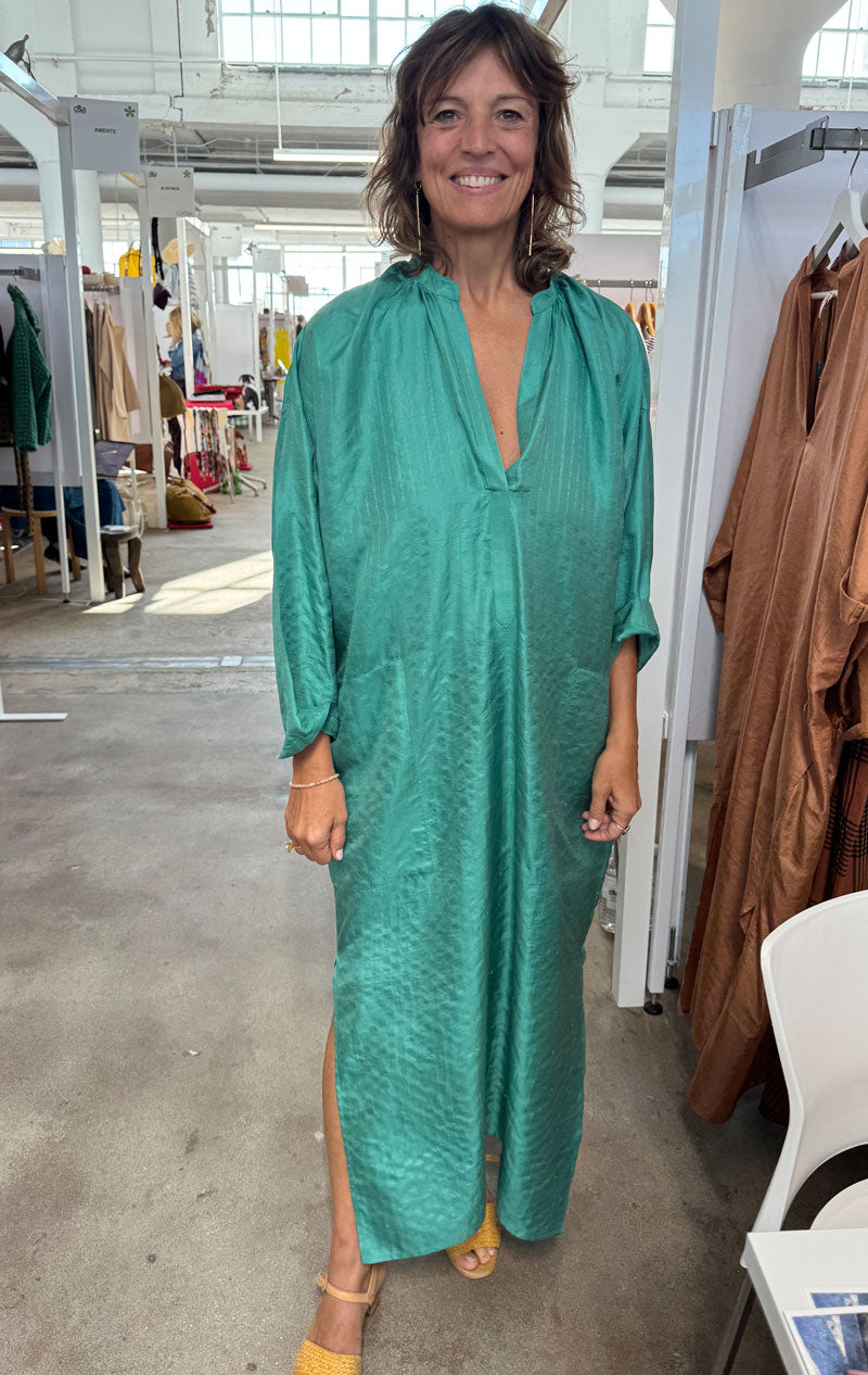 Green Silk metallic pinstripe long caftan