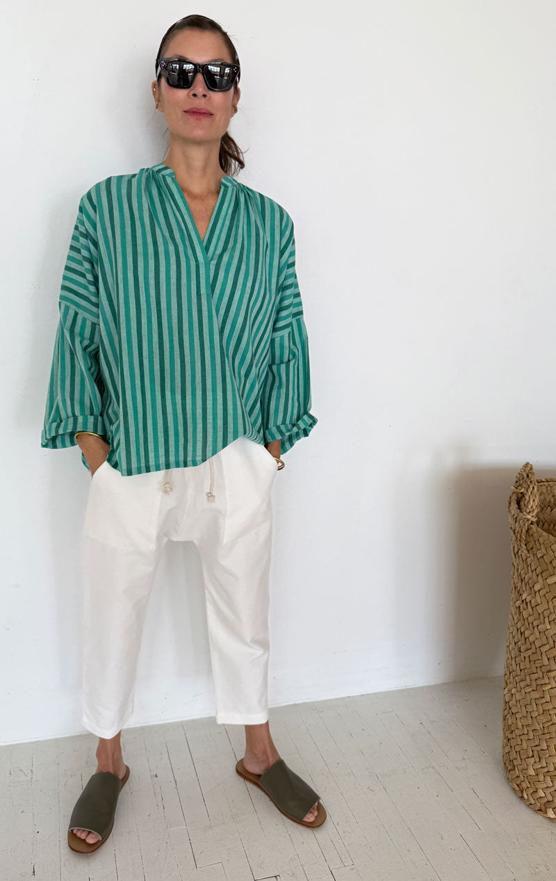 Green Stripe Shirred shirt