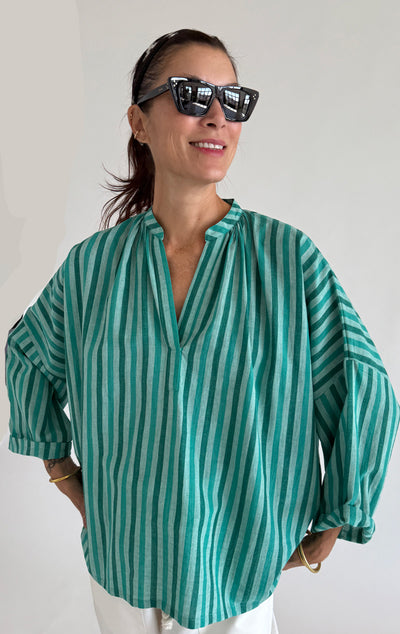 Green Stripe Shirred shirt