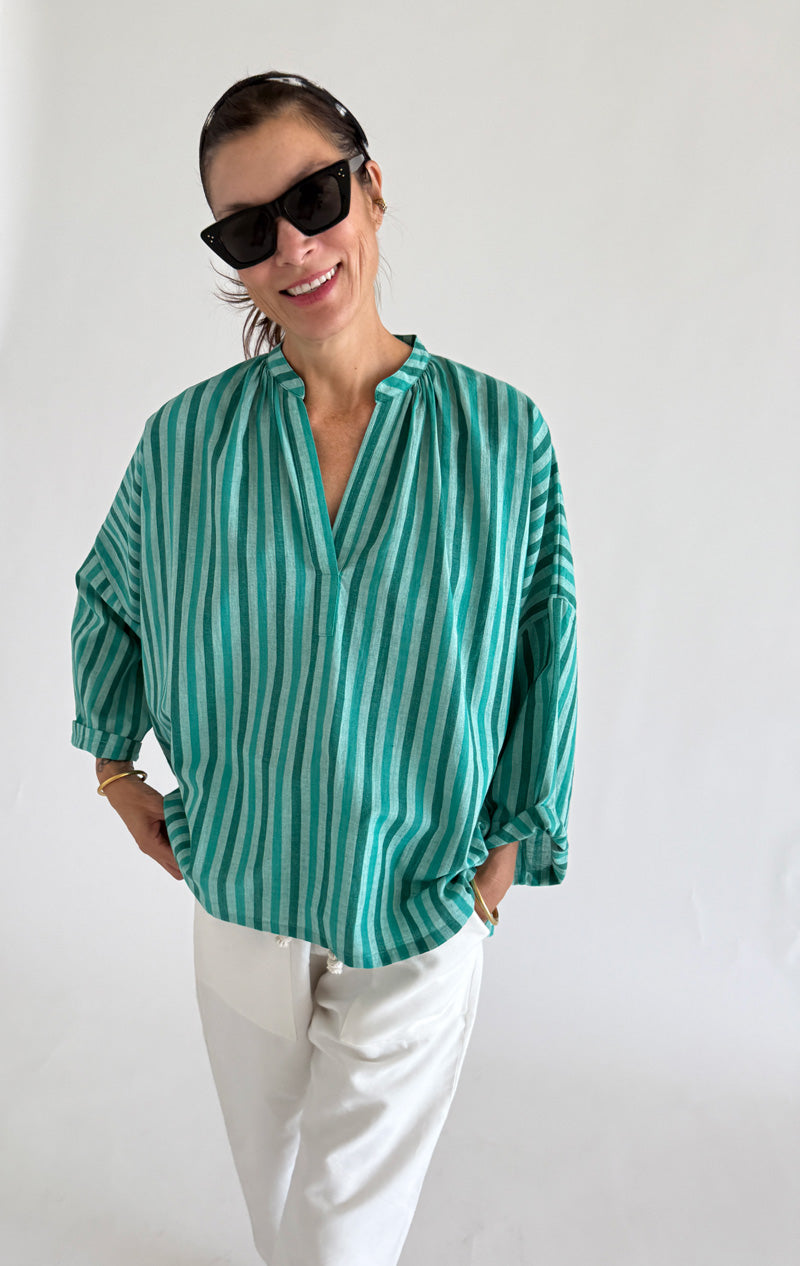 Green Stripe Shirred shirt