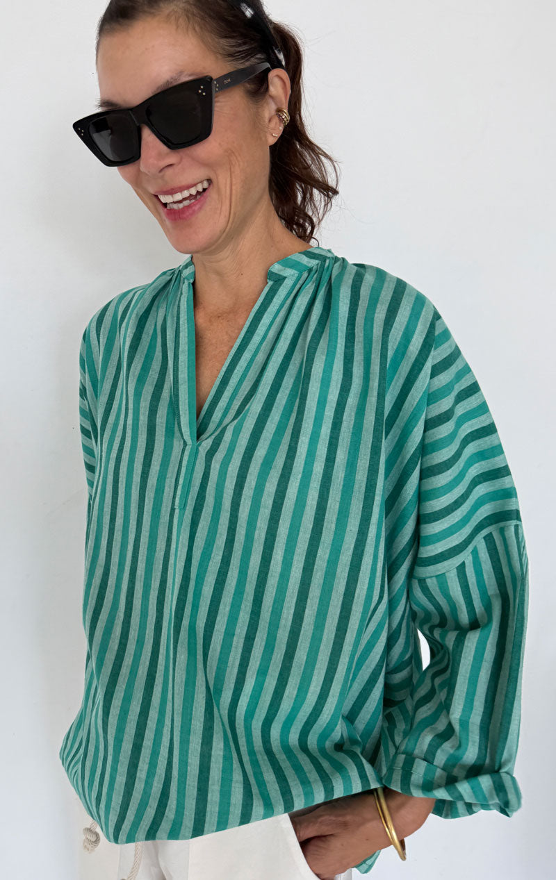 Green Stripe Shirred shirt