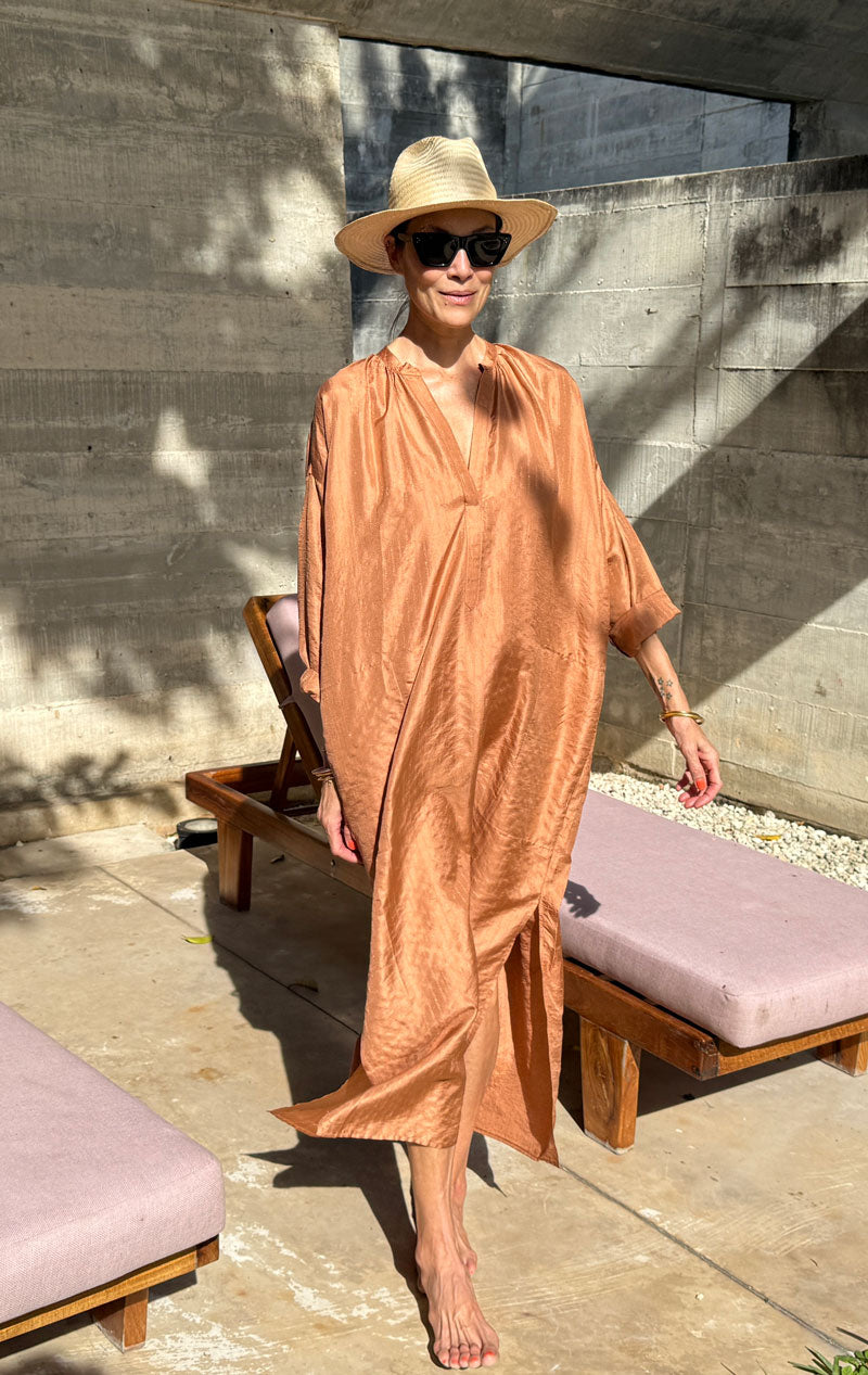 Copper Silk metallic pinstripe long caftan