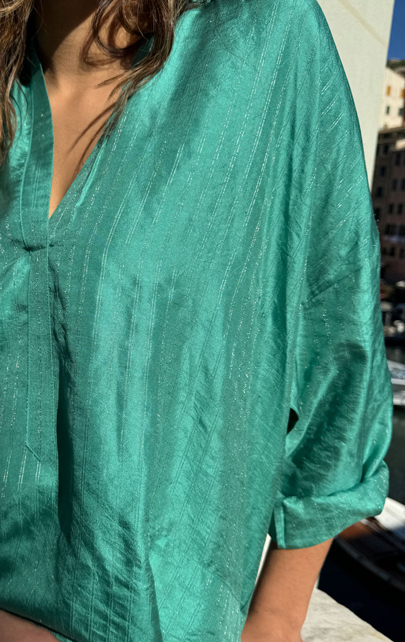 Green Silk metallic pinstripe long caftan