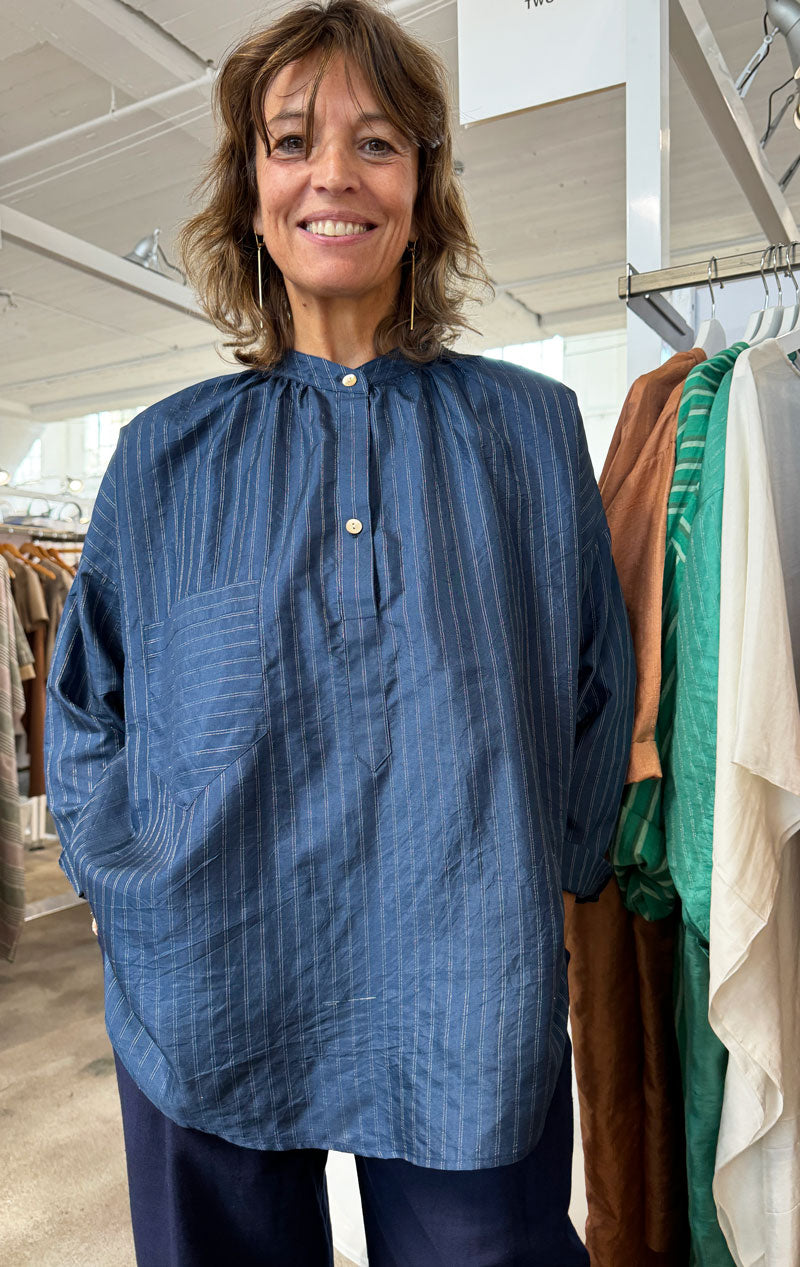 Tunic Shirt in Silk Metallic Pinstripe – Two