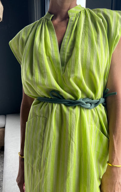 slim dress with patch pockets in lime striped cotton