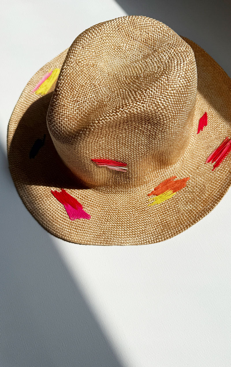 Natural hat with colorful stitching
