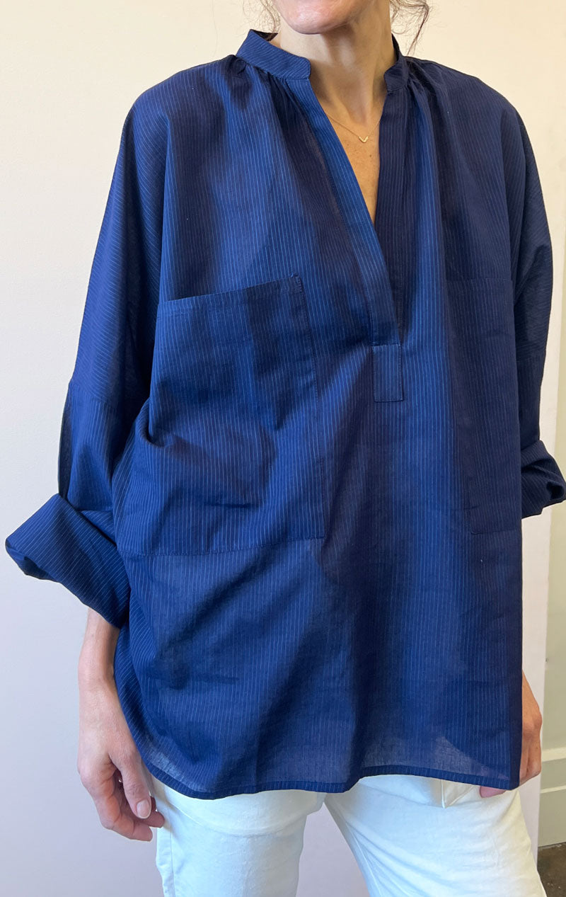 Long Sleeve Shirt in Navy Pinstripe-1 left