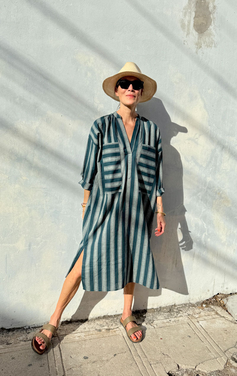 Teal/ White stripe two pocket caftan