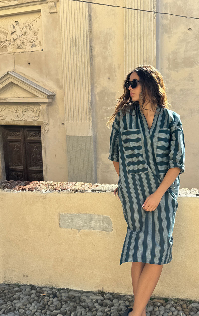 Teal/ White stripe two pocket caftan