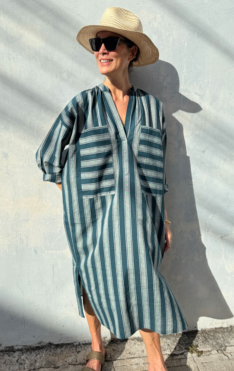 Teal/ White stripe two pocket caftan