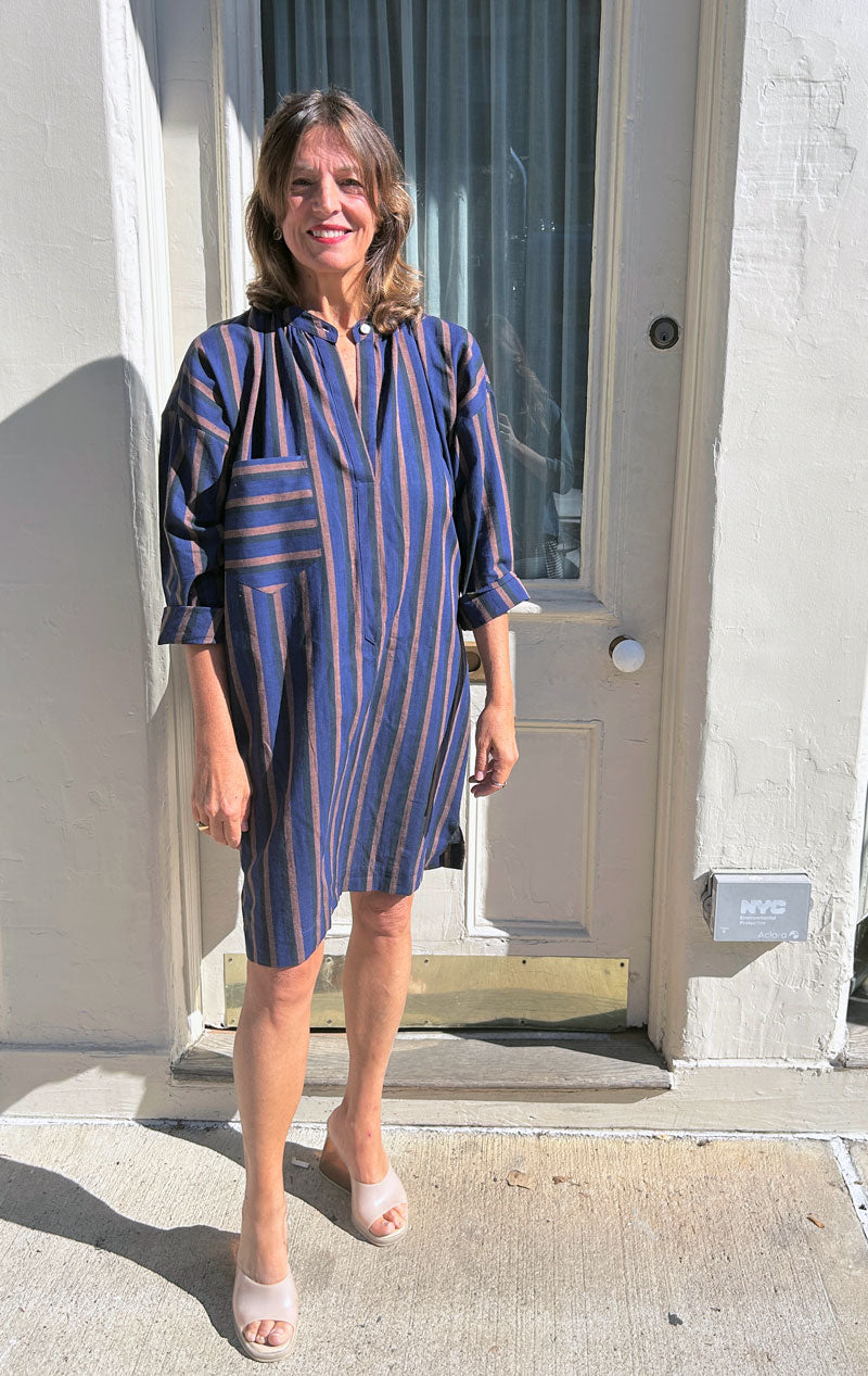 Blue/ Black/ Clay striped long sleeve button tunic