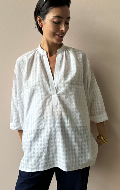 White Khadi Grid Long Sleeve Shirt