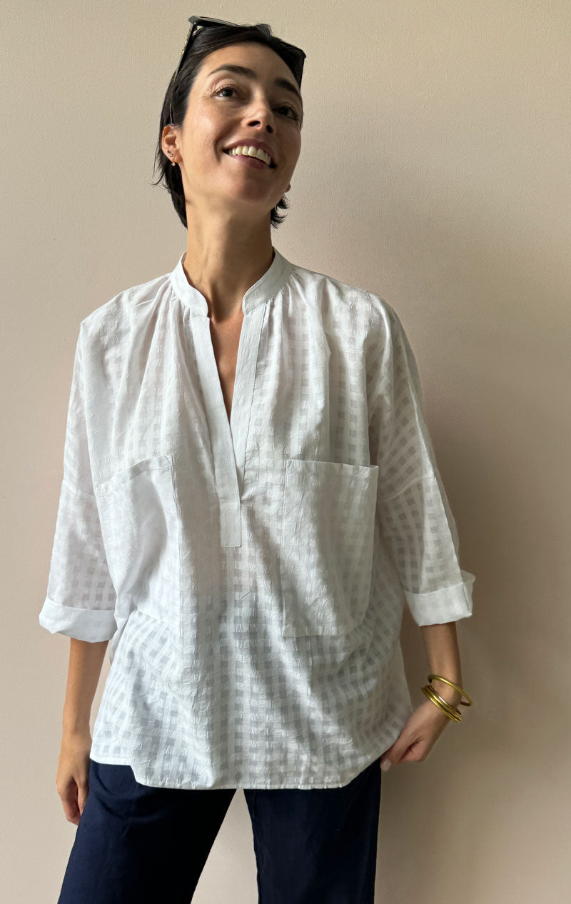 White Khadi Grid Long Sleeve Shirt