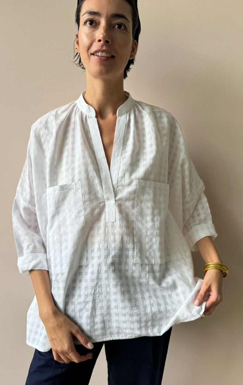 White Khadi Grid Long Sleeve Shirt