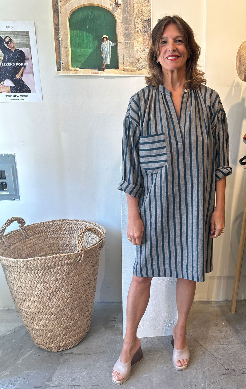 Teal/ Peach striped long sleeve button tunic