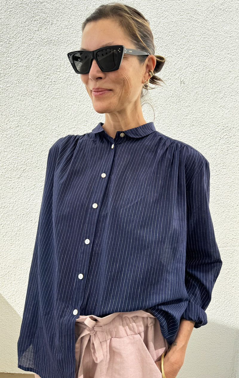 Navy Pinstripe button front blouse